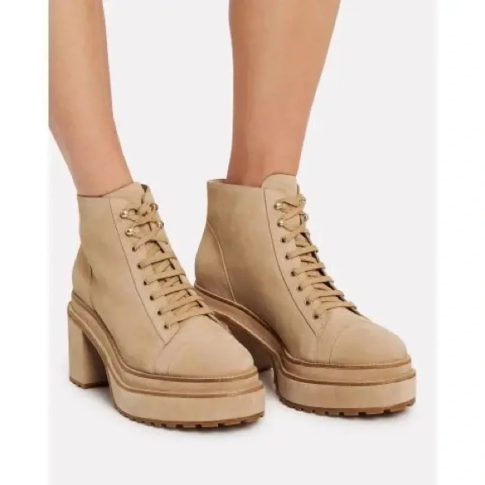 Cult Gaia Suede Platform Lace Up Ankle Combat Block Heel Leather Booties Tan